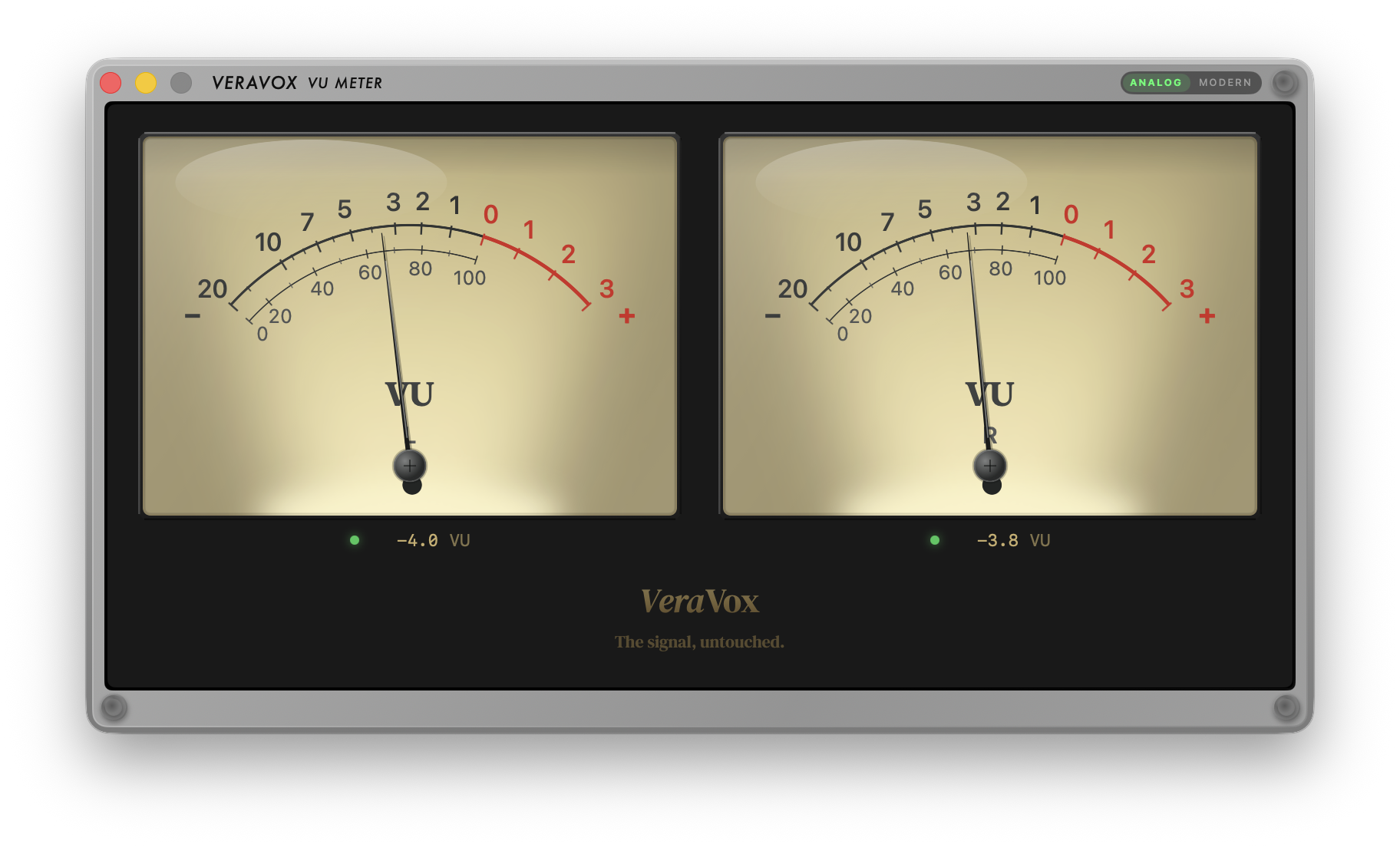 VeraVox VU Meter — dual analog meters with IEC 60268-17 ballistics